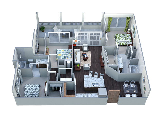 Floor plan for 3 beds, 2 baths, 1418 sqft